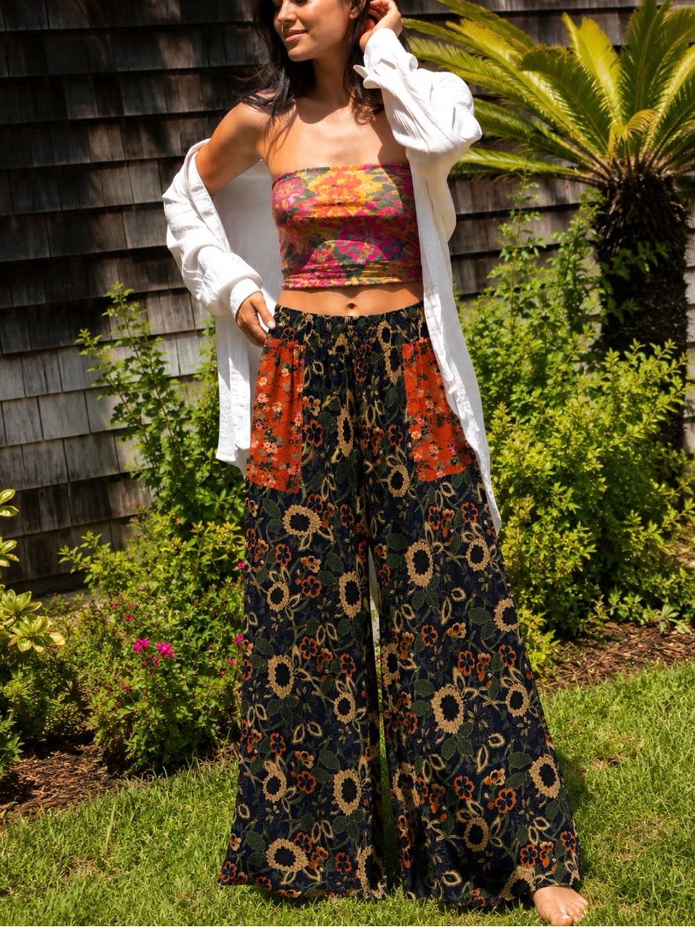 Natural Life XL Floral Wide Leg Pants Boho Minimalist Patchwork Fall Wardrobe